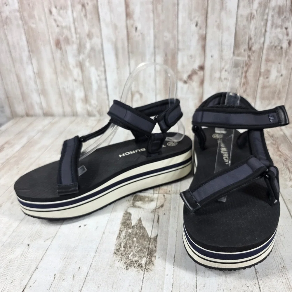 Tory Burch Womens Navy Black Striped Platform Sport‎ Sandals Size 9M Strappy